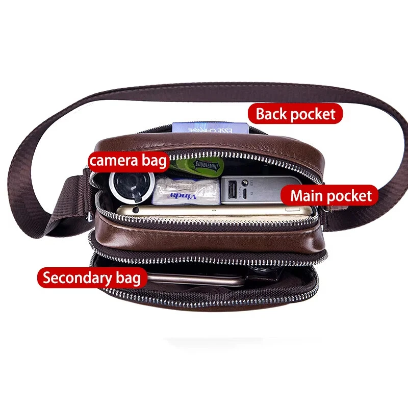 (image for) BULLCAPTAIN Men's Casual Shoulder Bag High Quality Business Messenger Bag Cowhide Leather Mini Pocket Large Capacity Bag for Men